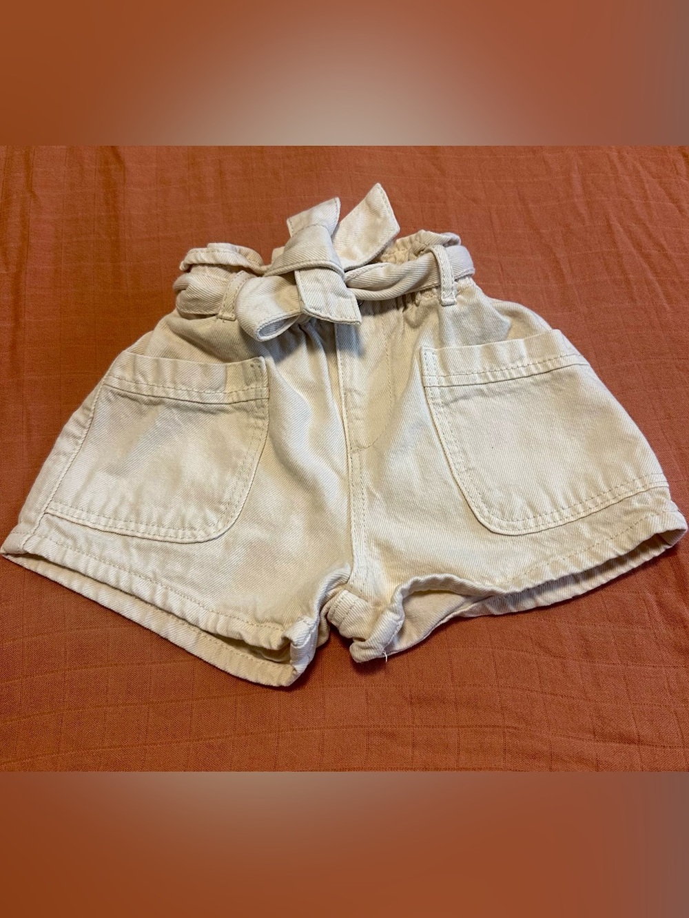 Girls Cream Paperbag High Waist Denim Shorts Tie Belt Casual